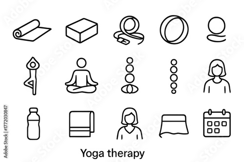 Yoga Therapy Icons. Yoga therapy. Line icon set of yoga therapy: yoga mat, yoga block, yoga strap, yoga wheel, tree pose figure, lotus pose figure, chakra