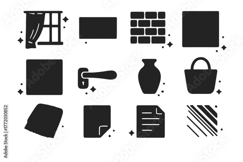 Window Texture Icons. Window Light and Textures. Solid icons set of Window Light and Textures: linen curtain, wood grain sill, brick wall, frosted glass, lace