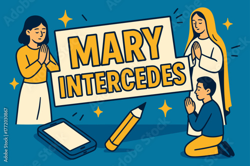 Mary's Intercession Banner. Mary Intercedes banner, flat vector illustration, bold oversized text inside rectangular frame banner, cartoon characters standing