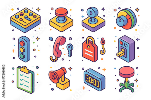 Amusement Ride Controls Icons. amusement ride controls. Colorful isometric vector icons set of amusement ride controls: control panel, emergency stop button,