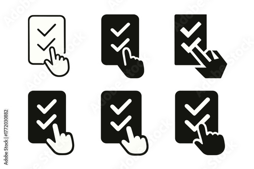 Interactive Quizzes Logos. Interactive Quizzes. Set Logo of Interactive Quizzes: touchscreen with checkmarks. harmonious logo variations of the same emblematic