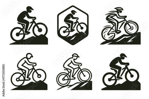 Mountain Biking Logos. Mountain biking. Set Logo of Mountain biking: cyclist climbing hill trail. harmonious logo variations of the same emblematic concept,