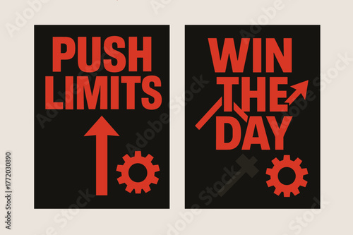 Brutalist Motivational Banners. Push limits. Two vertical A6 banners with safe margins, centered composition, no elements touching edges, brutalist, black and