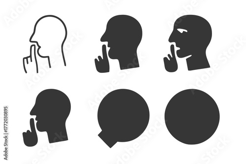 Shush Finger Logos. audience reaction. Set Logo of audience reaction: Shush finger to lips. Icon set. harmonious logo variations of the same emblematic