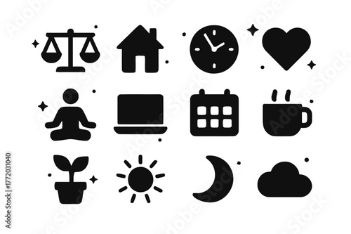 Balance Icons Grid. Work-Life Balance. Solid icons set of Work-Life Balance: scale, house, clock, heart, yoga pose, laptop, calendar, cup, plant, sun, moon,
