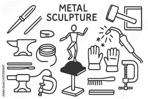Metal Sculpture Tools. Metal sculpture. Hand-drawn doodle illustration metal sculpture chisel, anvil, steel rod, hammer, welding torch, wire, stand, figure,