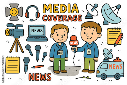 Colorful Media Coverage Doodles. media coverage. Colorful Hand-drawn doodle Children illustration media coverage reporter, camera, microphone,