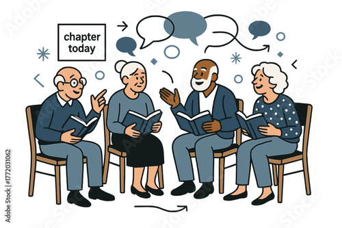Elderly Book Club. Elderly ? Book Club. A semicircle of chairs with seniors holding books; speech bubbles weave in a calm loop. Minimal poster on the wall:
