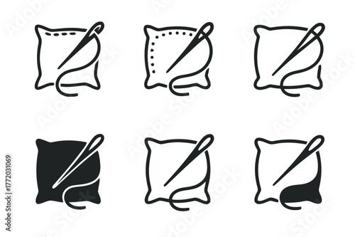 Sewing Logo Variations. Sewing pillowcase. Set Logo of Sewing pillowcase: needle stitching along edge. harmonious logo variations of the same emblematic