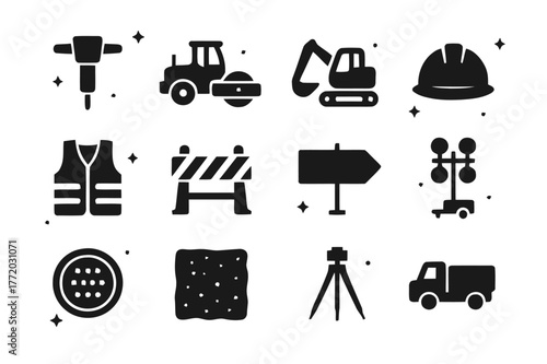 Roadwork Icons Collection. Roadwork and maintenance. Solid icons set of Roadwork and maintenance: jackhammer, road roller, excavator, hard hat, safety vest,
