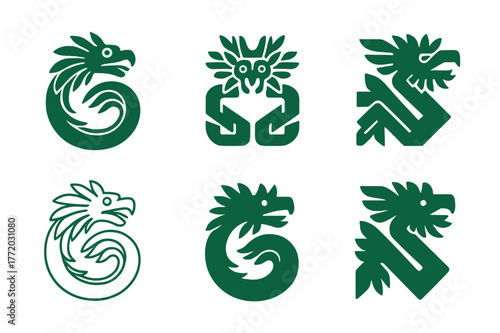 Ancient Deities Icon Set. Ancient gods and goddesses in a mystical landscape. Set Logo of Ancient gods and goddesses in a mystical landscape: Quetzalcoatl
