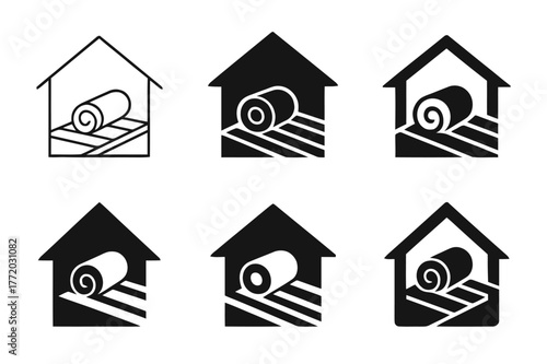 Insulation Logo Variations. Adding insulation to the attic. Set Logo of Adding insulation to the attic: fiberglass roll between joists. harmonious logo