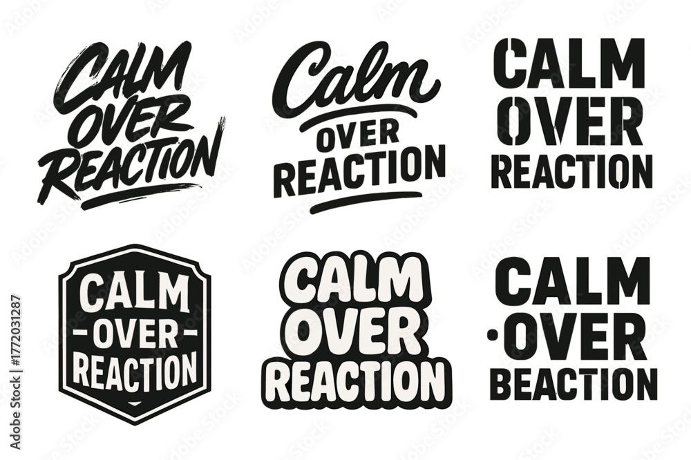 Fototapeta premium Harmonious Lettering Grid. Calm Over Reaction. Set lettering. harmonious lettering variations of the same emblematic concept, each with different artistic