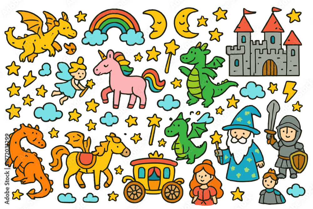 Obraz premium Fantasy Doodle Magic. Fantasy. Colorful Hand-drawn doodle Children illustration Fantasy dragons, unicorns, castles, magic wands, fairies, rainbows, clouds,