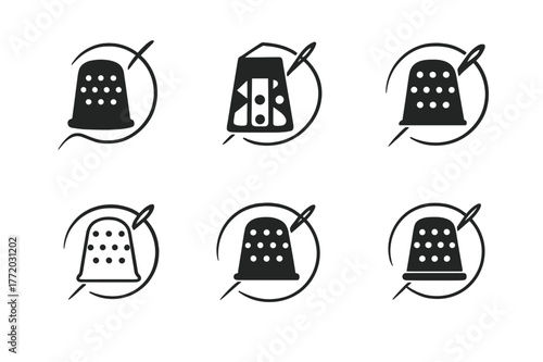 Harmonious Stitching Logos. Hand stitching. Set Logo of Hand stitching: thimble and curved needle motion. harmonious logo variations of the same emblematic