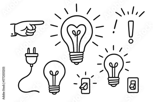 Doodle Light Bulb. Light bulb. Hand-drawn doodle illustration light bulb glowing bulb, filament, idea symbol, spark lines, plug, switch, socket, wire, hand
