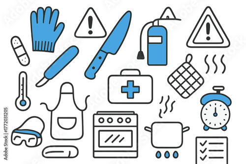 Kitchen Safety Essentials. // Kitchen safety. Hand-drawn doodle illustration kitchen safety [cut-resistant glove (accented), warning triangle, first aid kit