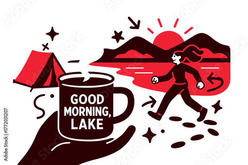 Dawn Coffee by Lake. Dawn coffee on the shore. Steam curls from an enamel mug as the first light paints the ridge; ?Good morning, lake? glows. Footprints lead