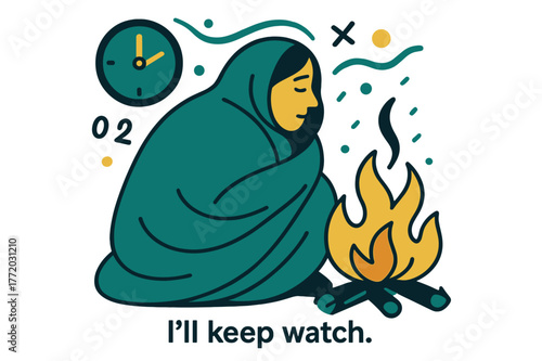 Hearth's Night Sentinel. Keeper of the Hearth ? Night Watch. A figure wrapped in a blanket listens to the quiet crackle; clock icon rests at ?:?. Whispered