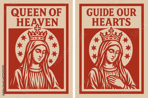 Queen of Heaven Banners. Queen of Heaven. Two vertical A6 banners with safe margins, centered composition, no elements touching edges, bold, red and beige,