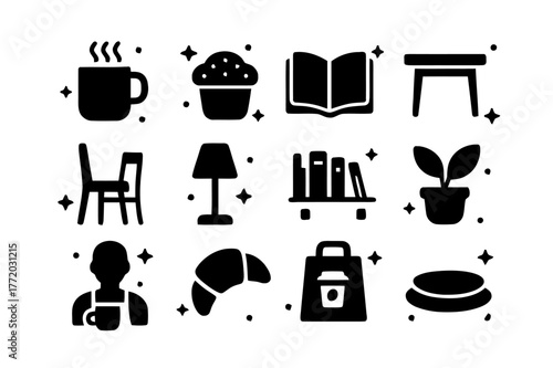 Reading Café Icons. Reading Café. Solid icons set of Reading Café: coffee mug, pastry, open book, table, chair, lamp, shelf, plant, barista cup, croissant,