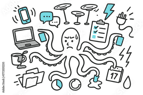 Multitasking Octopus Chaos. // Multitasking chaos. Hand-drawn doodle illustration Multitasking chaos [octopus arms (accented), phone ringing (accented),