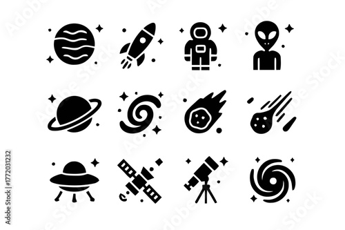 Space Icons Collection. Space Exploration with Planets. Solid icons set of Space Exploration with Planets: planets, rockets, astronauts, aliens, stars,