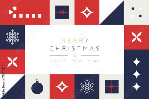 Merry Christmas and Happy New Year greeting card design. Abstract festive pattern with xmas ornament. Holiday poster or cover. Minimalistic geometric shapes. Winter background. Vector illustration
