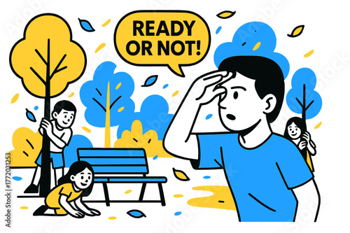 Park Hide and Seek. Hide and Seek in the Park. Kids scatter behind trees and benches; a playful ?Ready or not!? tag floats as leaves swirl like confetti. A