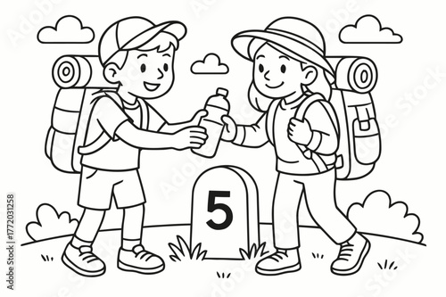 Travelers Sharing Kindness. Gratitude and kindness on the road children?s coloring book illustration, outlined drawing, travelers sharing water and helping