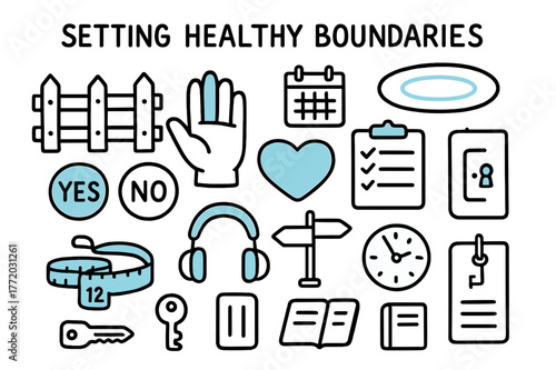 Healthy Boundaries Icons. Setting healthy boundaries. Hand-drawn doodle illustration setting healthy boundaries [fence line (accented), stop hand (accented),