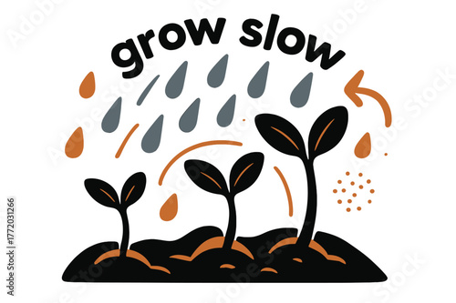 Nourishing Growth Art. Seeds ? Rain Nourish. Droplets fall across sprouting soil; arcs mark hydration lines. Caption ?grow slow? curves above seedlings. Modern
