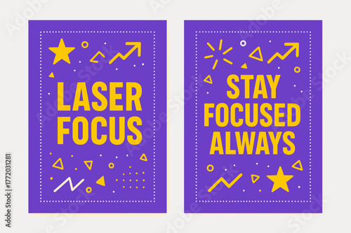 Laser Focus Banners. Laser focus. Two vertical A6 banners with safe margins, centered composition, no elements touching edges, memphis, purple and yellow,