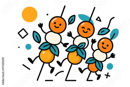 Vibrant Caprese Delight. Caprese Skewers. Colorful caprese skewers with cherry tomatoes, mozzarella, and basil leaves with floating abstract geometric shapes,