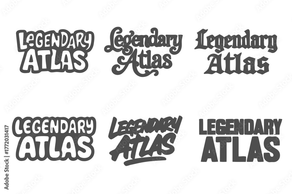 Obraz premium Atlas Lettering Variations. Legendary Atlas. Set lettering. harmonious lettering variations of the same emblematic concept (Funky cartoon-style lettering,