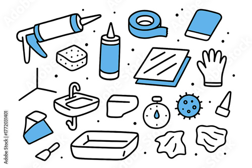 Bathroom Sealing Tools. // Bathroom caulking & sealing. Hand-drawn doodle illustration bathroom caulking & sealing [caulk gun (accented), silicone tube