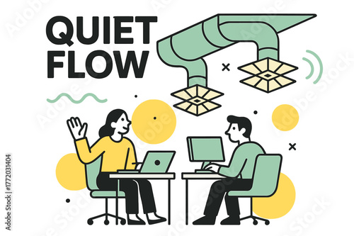 Ceiling Duct Panorama. Ceiling Plenum Overview. A cutaway ceiling reveals ducts gliding above workstations; diffusers bloom like geometric flowers. ?Quiet