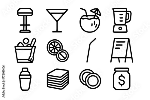 Pool Bar Icons. Pool Bar. Line icon set of Pool Bar: bar stool, cocktail glass, coconut drink, blender, ice bucket, fruit garnish, straw, menu board, shaker,