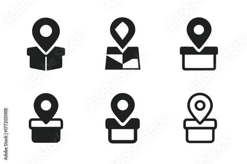 Geocaching Logo Variations. Geocaching. Set Logo of Geocaching: GPS pin on cache container. harmonious logo variations of the same emblematic concept, each