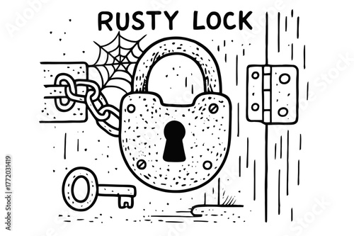 Rusty Lock Doodle. Rusty Lock. Hand-drawn doodle illustration Rusty Lock padlock, rust texture, key, chain, door, metal surface, hinges, scratches, corrosion,