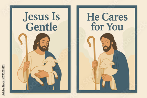 Gentle Shepherd Banners. Gentle Shepherd. Two vertical A6 banners with safe margins, centered composition, no elements touching edges, pastel, navy and gold,