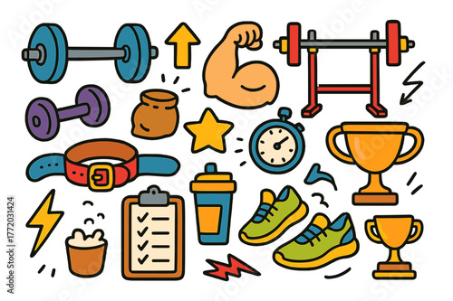 Colorful Strength Elements. Strength training. Colorful Hand-drawn doodle Children illustration Strength training barbell plate, dumbbell, flexed bicep, squat