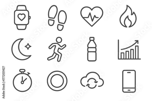 Fitness Tracker Icons. Fitness Tracker. Line icon set of Fitness Tracker: smartwatch, step counter, heart rate, calories burned, sleep icon, distance run,
