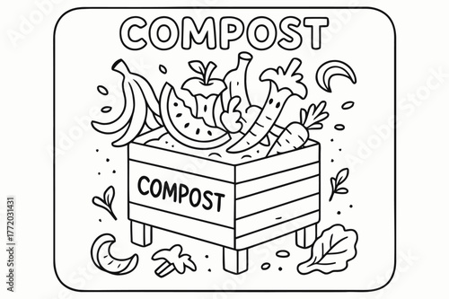 Compost Coloring Fun. Compost children?s coloring book illustration, outlined drawing, a compost bin with fruit and vegetable peels, educational design for