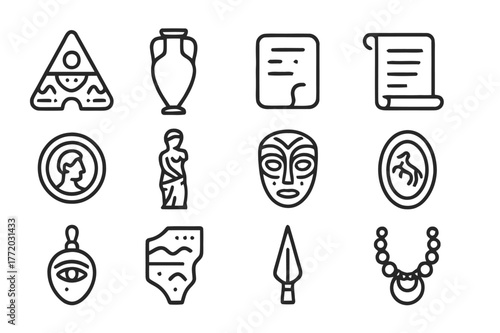 Ancient Relics Icons. Ancient relics. Line icon set of ancient relics: artifact, amphora, tablet, scroll, coin, statue, mask, seal, amulet, pottery shard,