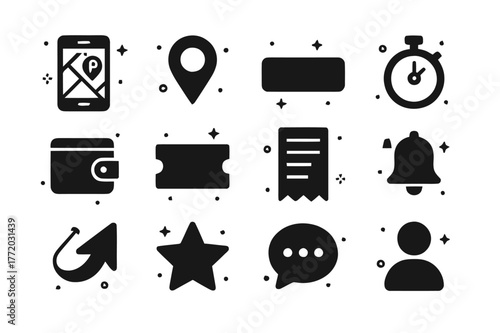 Mobile Parking App Icons. Mobile parking app features. Solid icons set of Mobile parking app features: map screen, geolocation pin, reserve button, timer,