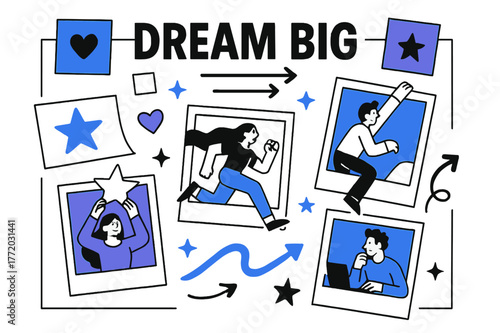 Dream Big Vision Board. Vision Board. A big collage frame with floating sticky notes and magazine cutouts; bold headline ?DREAM BIG? hovers above arrows