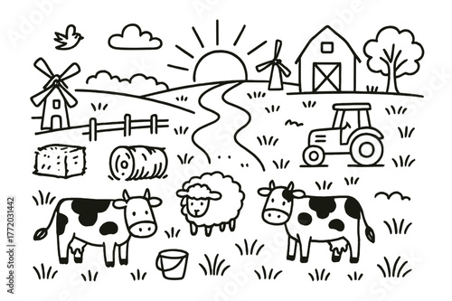 Farm Doodle. Golden pasture. Hand-drawn doodle illustration field, cows, sheep, barn, sunrise, grass, windmill, bird, fence, bucket, hay bale, tractor, cloud,