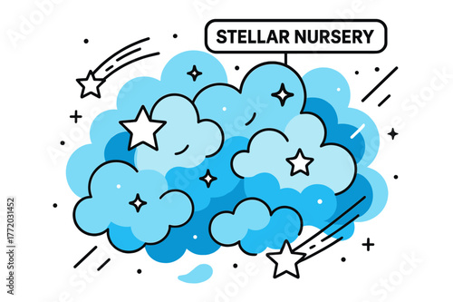 Stellar Nursery Wonder. Nebula ? Stellar Nursery. Gas clouds billow like cotton candy as tiny star icons ignite; a floating tag reads ?Stellar Nursery.?