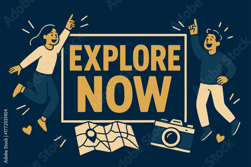 Discover Bold Adventure. Explore now banner, flat vector illustration, bold oversized text inside rectangular frame, cartoon characters pointing and jumping,